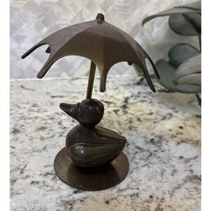 Vintage Solid Brass Duck Holding Umbrella Figurine Paperweight 4" Home Decor